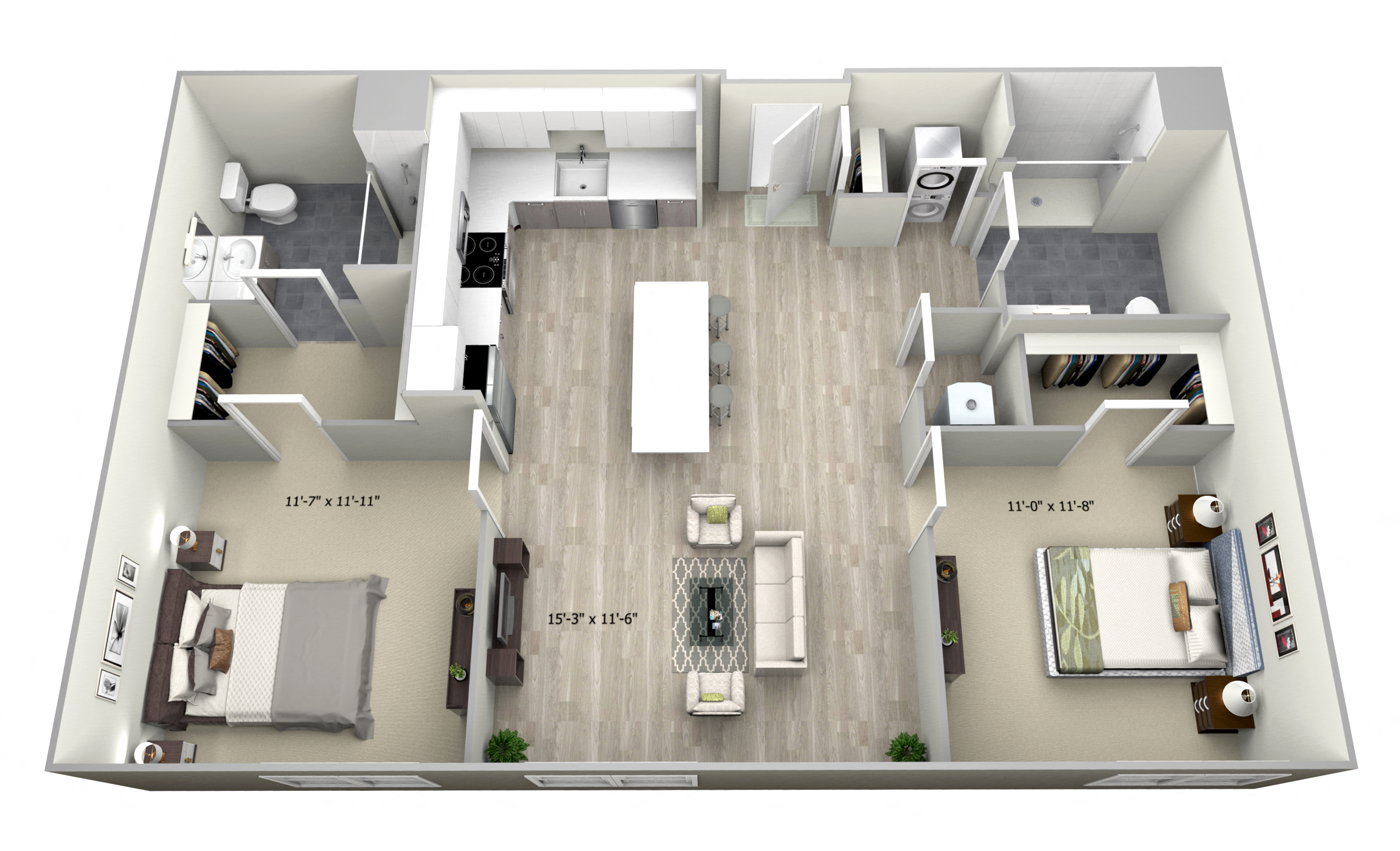 Floor plan for 2 beds, 2 baths, 950 sqft